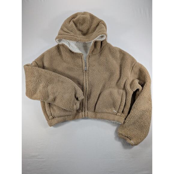 Hollister Jacket Women's Sm Tan White Reversible Sherpa Teddy Oversize Crop Cozy - Picture 3 of 12